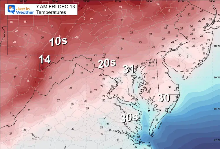 December 12 weather forecast temperatures Friday morning