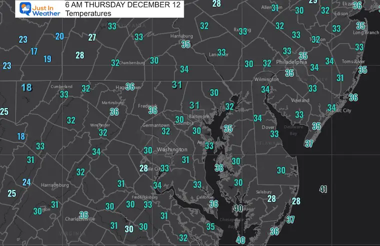 December 12 weather temperatures Thursday morning