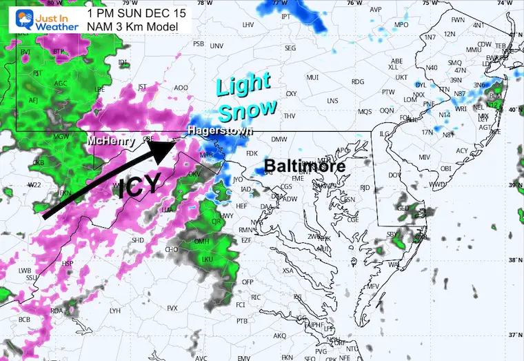 December 13th weather Sunday afternoon snow ice rain