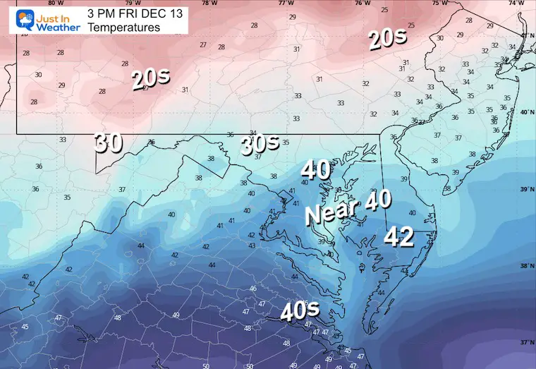 December 13th weather forecast temperatures Friday afternoon