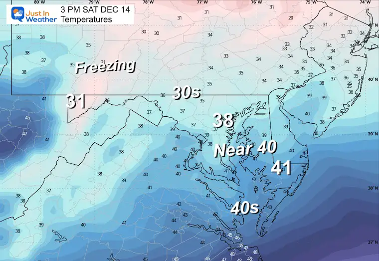 December 13th weather forecast temperatures Saturday afternoon