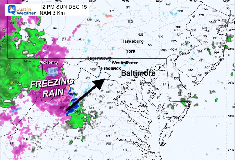 December 14 weather ice snow Sunday noon