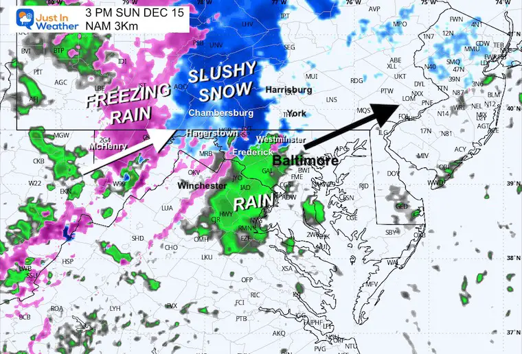 December 14 weather winter storm snow ice rain Sunday 3 PM