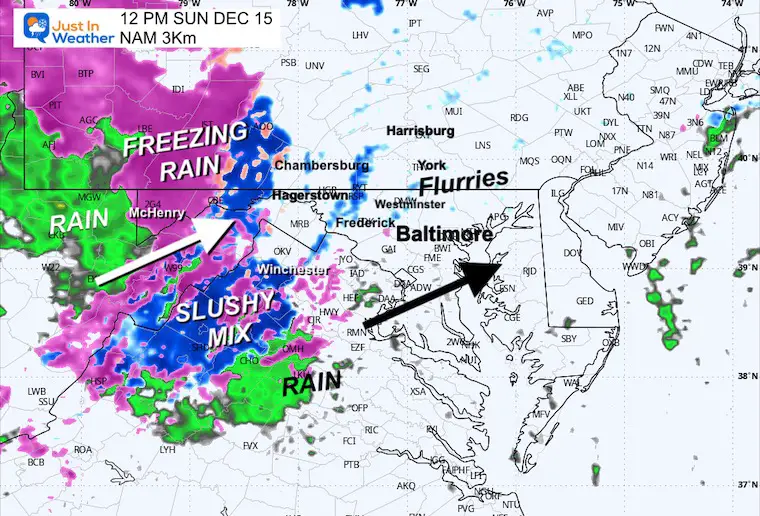 December 14 weather winter storm snow ice rain Sunday noon