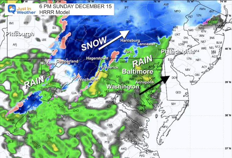 December 15 winter radar snow ice forecast Sunday 6 PM