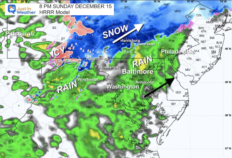 December 15 winter radar snow ice forecast Sunday 8 PM