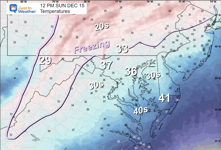 December 15 weather temperatures Sunday noon
