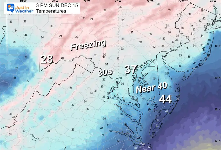 December 14 weather temperatures freezing Sunday 3 PM