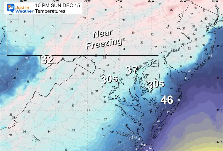 December 14 weather temperatures freezing Sunday 10 PM