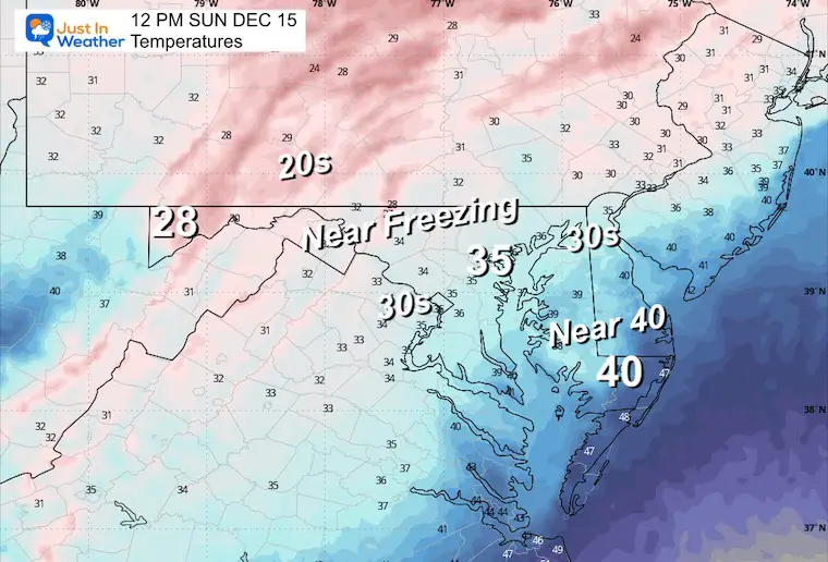 December 14 weather temperatures freezing Sunday noon