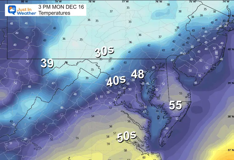 December 16 weatehr temperatures Monday afternoon