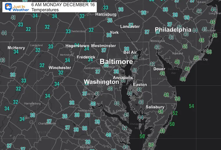 December 16 weather temperatures Monday morning