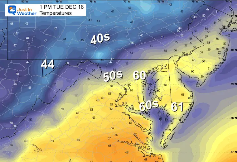 December 16 weatehr temperatures Tuesday afternoon