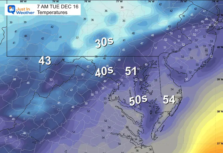 December 16 weatehr temperatures Tuesday morning