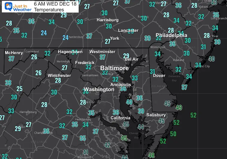 December 18 weather temperatures Wednesday morning