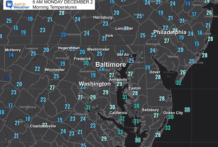 December 2 weather temperatures Monday morning