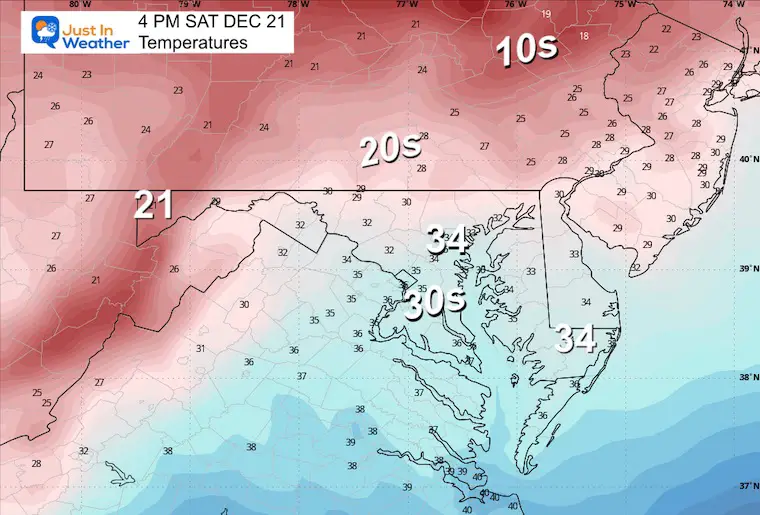 December 21 weather forecast temperatures Saturday afternoon