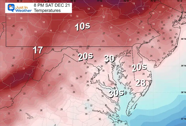 December 21 weather forecast temperatures Saturday evening