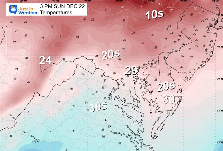 December 21 weather forecast temperatures Sunday afternoon