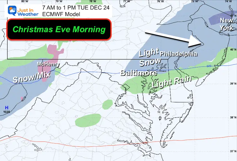 December 22 weather forecast snow Christmas eve morning