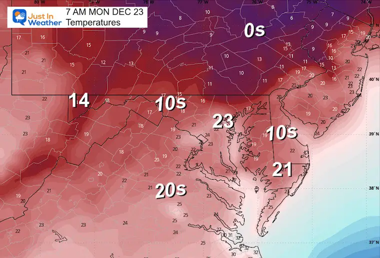 December 22 weather temperatures Monday morning