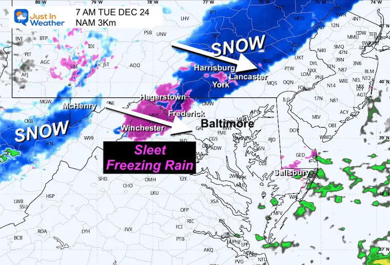 December 23 weather forecast radar snow ice Tuesday sunrise