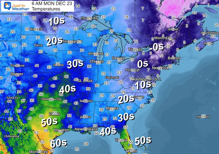 December 23 weather temperatures Monday morning Eastern US