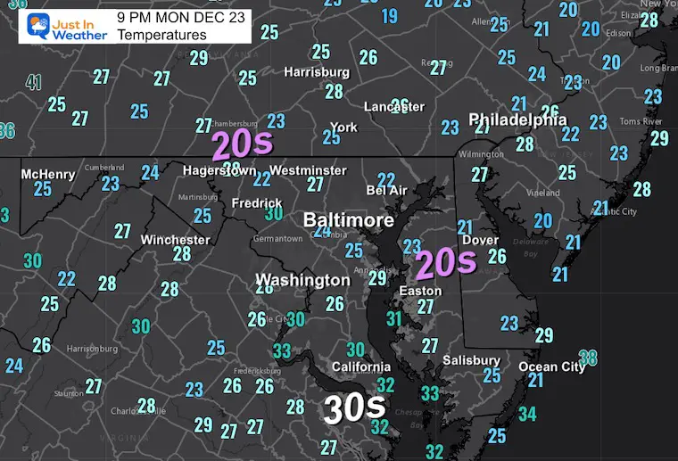 December 23 weather temperatures Monday night