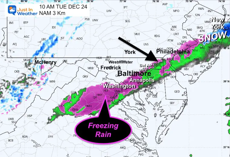 December 24 weather radar snow ice Tuesday 10 AM