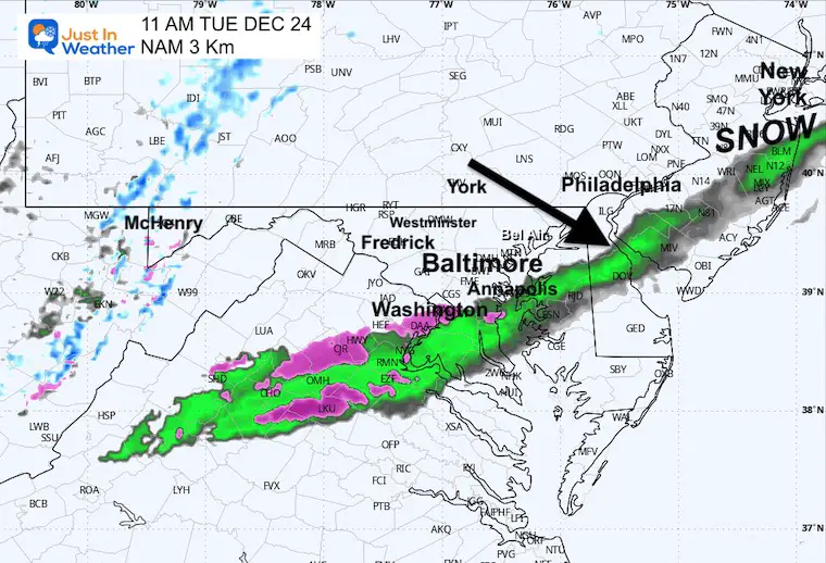 December 24 weather radar snow ice Tuesday 11 AM