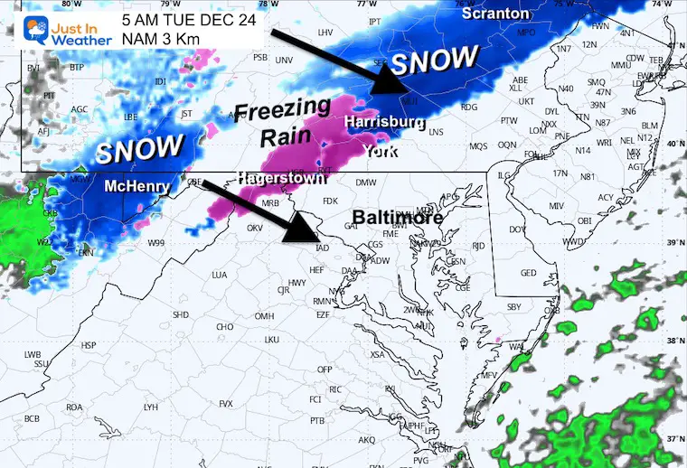 December 24 weather radar snow ice Tuesday 5 AM