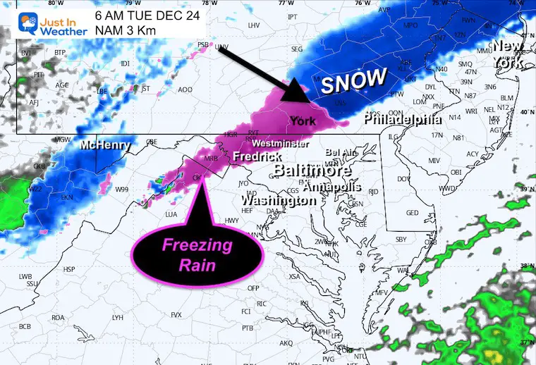 December 24 weather radar snow ice Tuesday 6 AM