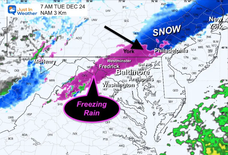 December 24 weather radar snow ice Tuesday 7 AM