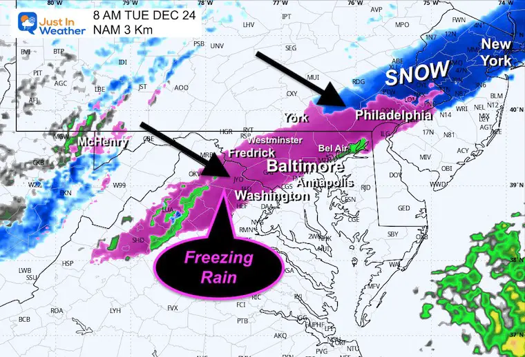 December 24 weather radar snow ice Tuesday 8 AM