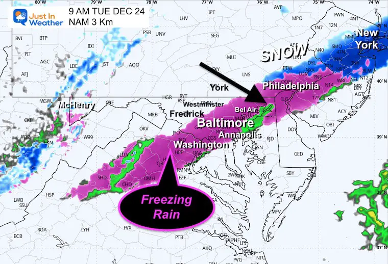 December 24 weather radar snow ice Tuesday 9 AM