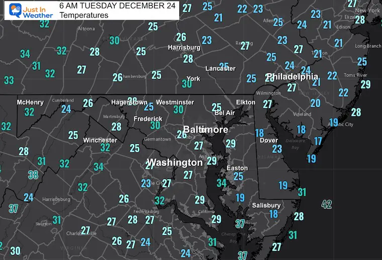 December 24 weather temperatures Tuesday morning Christmas Eve