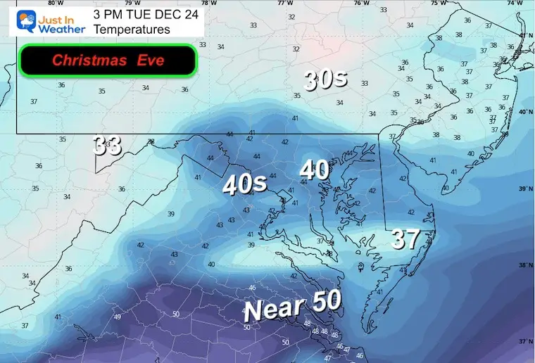 December 24 weather temperatures Tuesday afternoon Christmas Eve