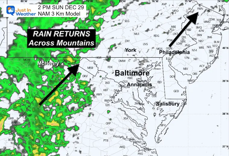 Weather radar forecast for December 28th for Sunday afternoon