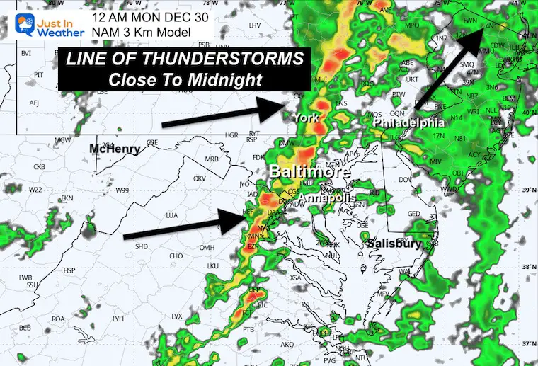 Weather radar forecast for December 28th for Sunday evening