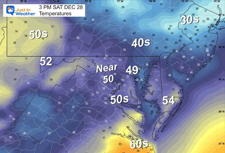 December 28 weather temperatures Saturday afternoon