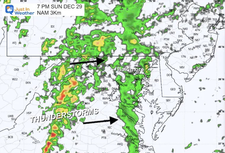 December 29 weather rain thunderstorm Sunday evening