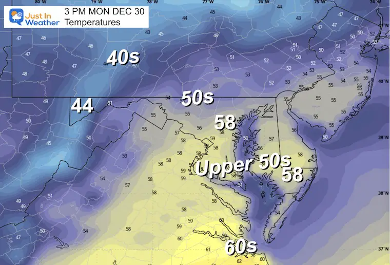 December 29 weather forecast temperatures Monday afternoon