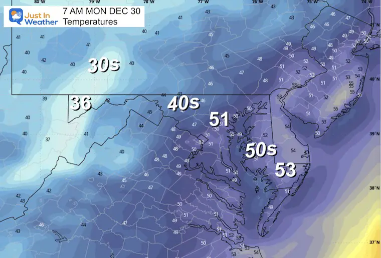 December 29 weather forecast temperatures Monday morning