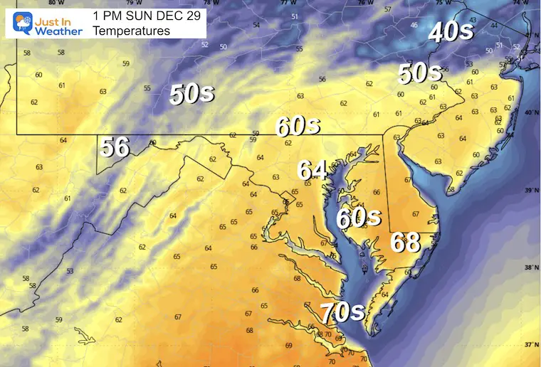 December 29 weather forecast temperatures Sunday afternoon 