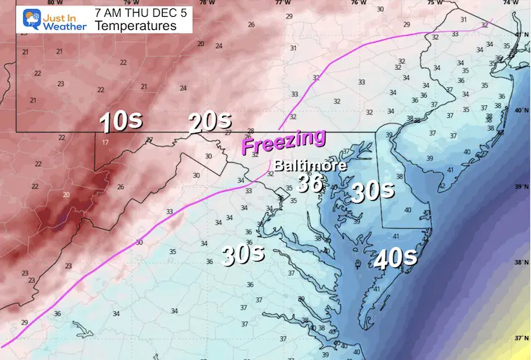 December 3 weather temperatures Thursday morning 7 AM