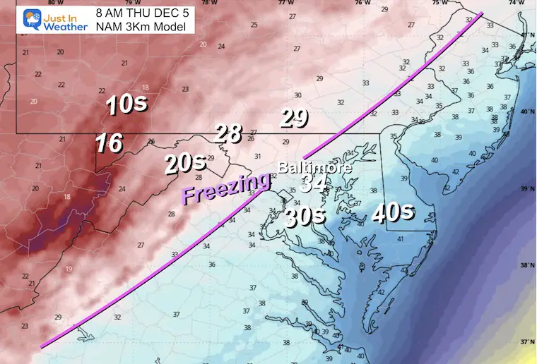 December 3 weather temperatures Thursday morning 8 AM