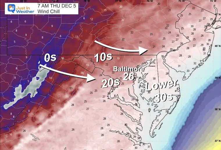 December 3 weather wind chill Thursday morning 5 AM