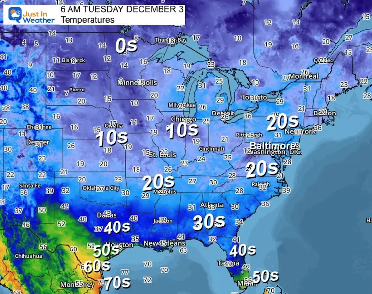 December 3 weather temperatures Tuesday morning Eastern US