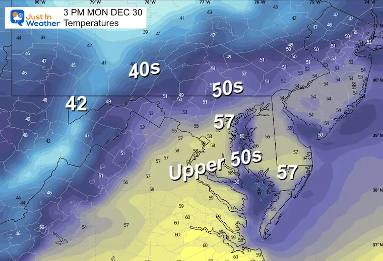 December 30 weather forecast temperatures Monday afternoon