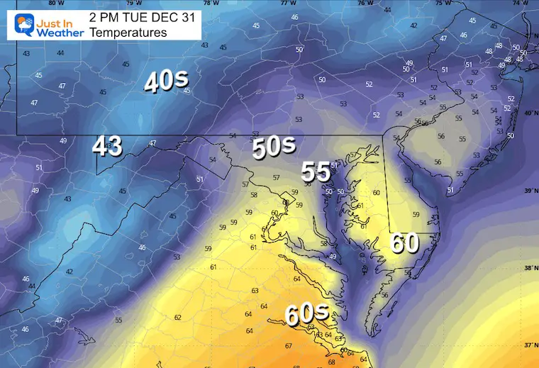 December 30 weather forecast temperatures Tuesday afternoon